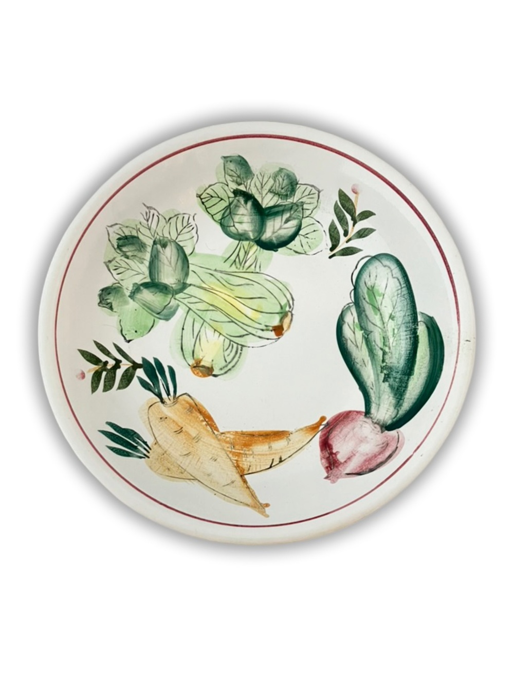Vintage Hand-Painted Vegetable Motif Serving Bowl in White & Green Cottage core
